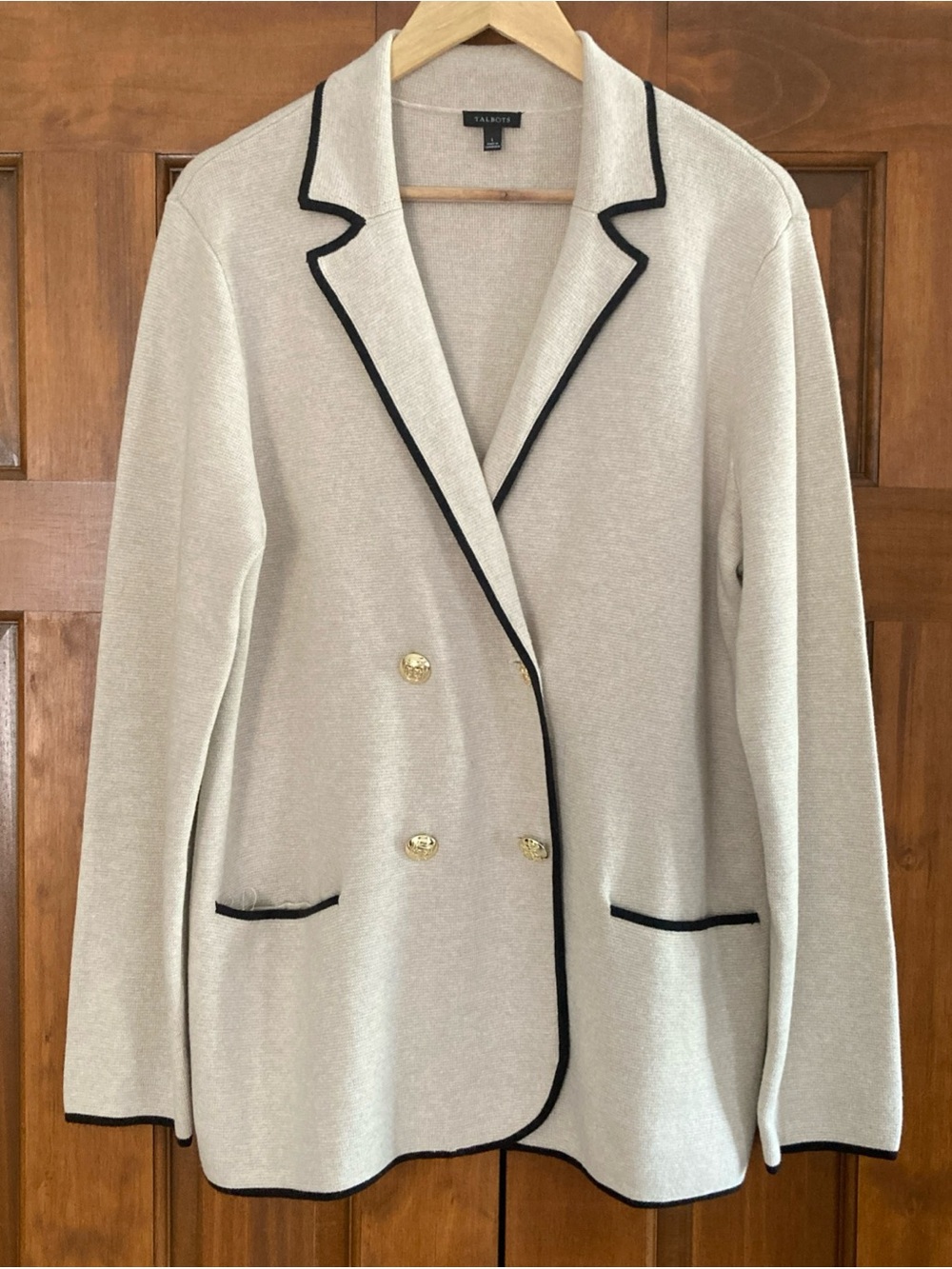 Talbots beige Knit tipped sweater Blazer wool blend women’s large NEW